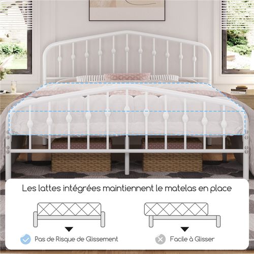 Cadre De Lit Double En Métal Avec Tête De Lit Et Sommier à Lattes, 160×200 Cm Blanc