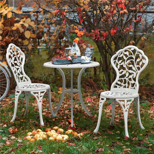 Ensemble De Bistrot 3 Pièces Set Vintage Feuillage Table De Jardin Et 2 Chaises En Métal, Blanc