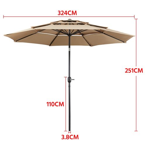 Parasol De Jardin Extérieur à 3 Niveaux 8 Baleines Avec Bouton-poussoir Et Manivelle En Métal, Kaki