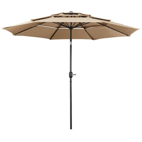 Parasol De Jardin Extérieur à 3 Niveaux 8 Baleines Avec Bouton-poussoir Et Manivelle En Métal, Kaki