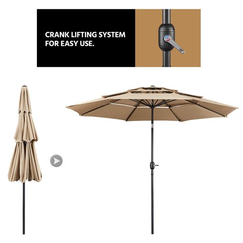 Parasol De Jardin Extérieur à 3 Niveaux 8 Baleines Avec Bouton-poussoir Et Manivelle En Métal, Kaki