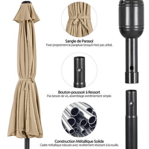 Parasol De Jardin Exterieur à 8 Baleines Parasol Balcon Avec Manivelle, 240 Cm De Haut, Kaki