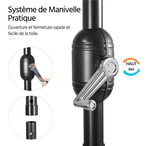 Parasol De Jardin Exterieur à 8 Baleines Parasol Balcon Avec Manivelle, 240 Cm De Haut, Gris