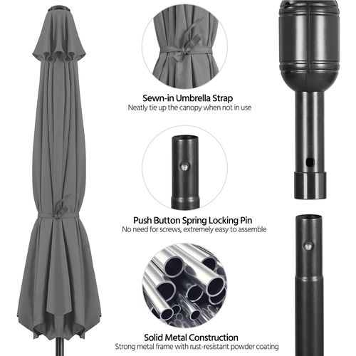 Parasol De Jardin Extérieur à 8 Baleines En Métal Avec Manivelle Et Bouton-poussoir, Gris