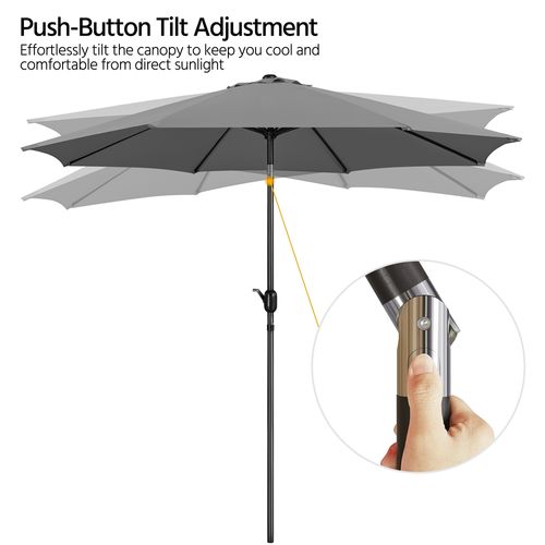 Parasol De Jardin Extérieur à 8 Baleines En Métal Avec Manivelle Et Bouton-poussoir, Gris