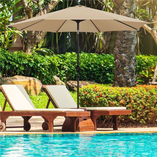 Parasol De Jardin Extérieur à 8 Baleines En Métal Avec Manivelle Et Bouton-poussoir, Kaki