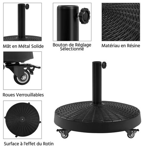 Pied De Parasol Lourde à Roulettes Imitation Rotin Rond Base Parasol En Résine, Noir