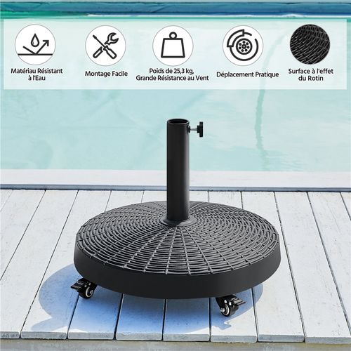 Pied De Parasol Lourde à Roulettes Imitation Rotin Rond Base Parasol En Résine, Noir