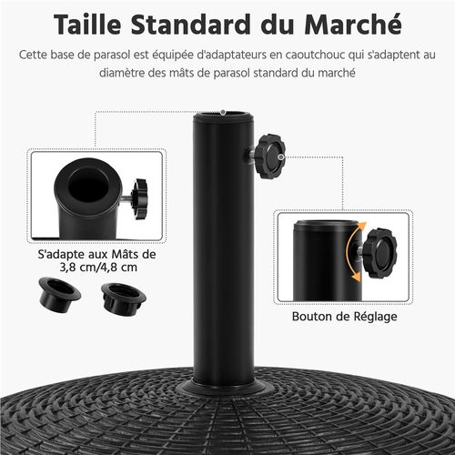 Pied De Parasol Lourde à Roulettes Imitation Rotin Rond Base Parasol En Résine, Noir