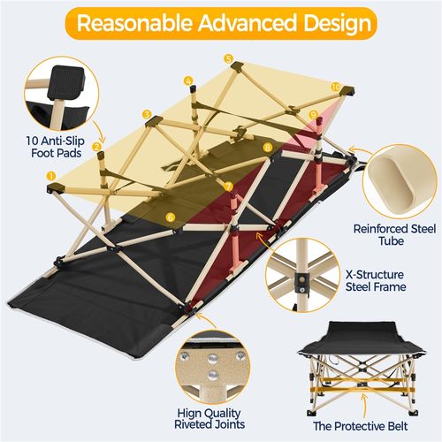 Lit De Camp Pliable 1 Personne Avec Pochettes, Sac De Transport Et Armature En Métal, Noir