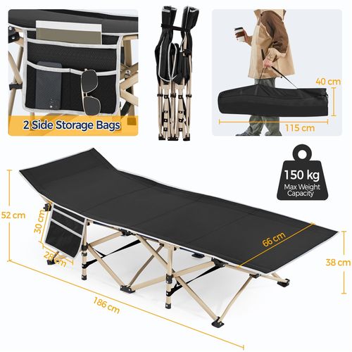 Lit De Camp Pliable 1 Personne Avec Pochettes, Sac De Transport Et Armature En Métal, Noir