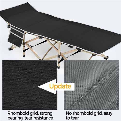 Lit De Camp Pliable 1 Personne Avec Pochettes, Sac De Transport Et Armature En Métal, Noir