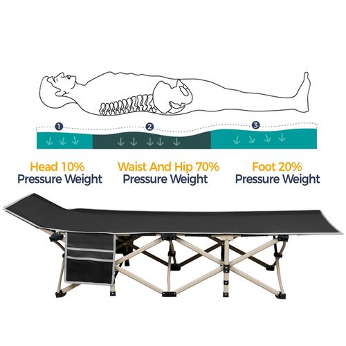 Lit De Camp Pliable 1 Personne Avec Pochettes, Sac De Transport Et Armature En Métal, Noir