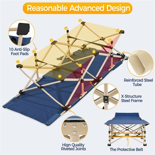 Lit De Camp Pliable 1 Personne Avec Pochettes, Sac De Transport Et Armature En Métal, Marine