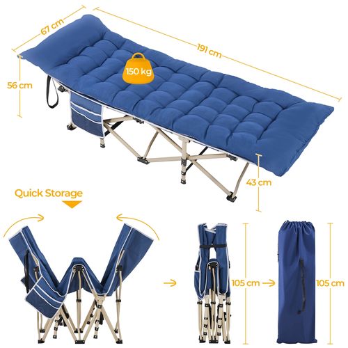 Lit De Camp Pliable Avec Matelas, Pochette Et Sac De Transport, Cadre Gris/coussin Bleu