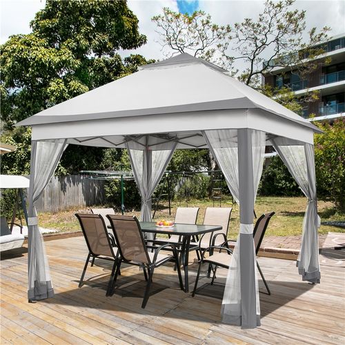 Tonnelle Avec Toiles Moustiquaires 3,3 X 3,3m Pour Camping Fêtes Bar Gris Clair Et Gris Foncé