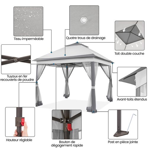 Tonnelle Avec Toiles Moustiquaires 3,3 X 3,3m Pour Camping Fêtes Bar Gris Clair Et Gris Foncé