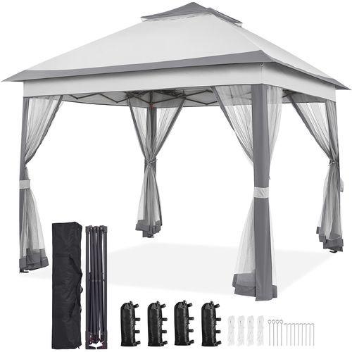 Tonnelle Avec Toiles Moustiquaires 3,3 X 3,3m Pour Camping Fêtes Bar Gris Clair Et Gris Foncé
