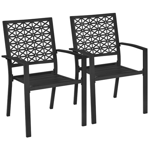 Lot De 2 Chaises De Jardin Moderne En Métal Avec Accoudoirs Et Dossier Ajouré, Noir