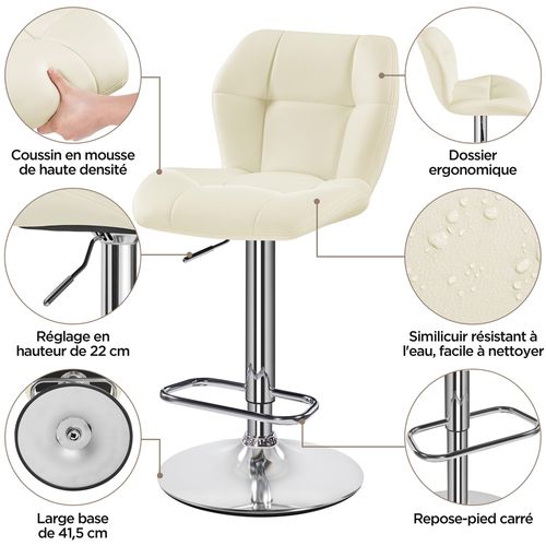 Lot De 2 Chaises De Bar Design Capitonné En Similicuir Avec Assise Réglable En Hauteur, Beige