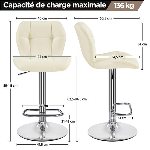Lot De 2 Chaises De Bar Design Capitonné En Similicuir Avec Assise Réglable En Hauteur, Beige