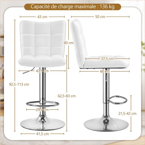 Lot De 2 Chaises De Bar Modernes Tabourets De Bar En Similicuir Réglables En Hauteur, Blanc