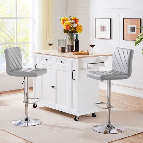 Lot De 2 Chaises De Bar Design Rayures En Similicuir Avec Dossier Et Sièges Pivotants, Gris Clair