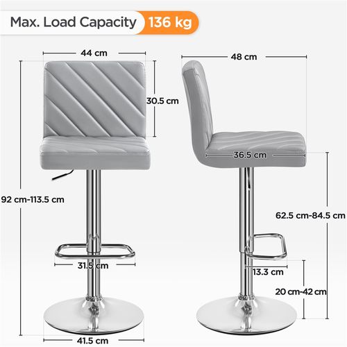 Lot De 2 Chaises De Bar Design Rayures En Similicuir Avec Dossier Et Sièges Pivotants, Gris Clair