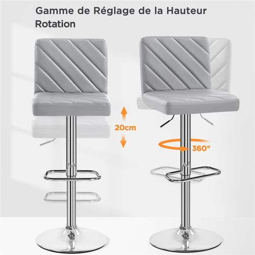 Lot De 2 Chaises De Bar Design Rayures En Similicuir Avec Dossier Et Sièges Pivotants, Gris Clair