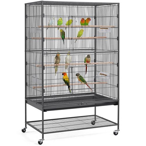 Grande Cage à Oiseaux Sur Pied En Métal Forgé Avec Étagère De Rangement, Noir