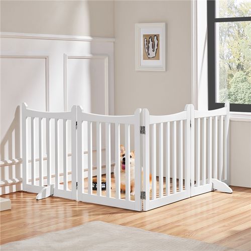 Barrière De Sécurité Pliable En 4 Panneaux Barrière Chien En Bois Avec Pieds De Support, Blanc