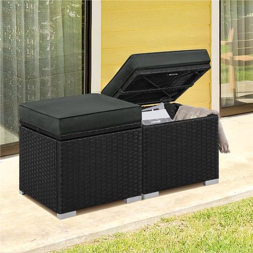 Lot De 2 Ottomanes De Jardin En Rotin, Tabouret Repose-pieds Avec Coussin, Noir/gris