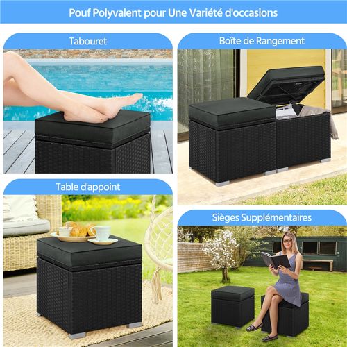 Lot De 2 Ottomanes De Jardin En Rotin, Tabouret Repose-pieds Avec Coussin, Noir/gris