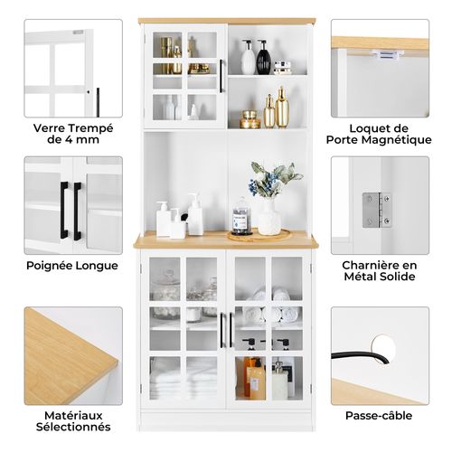 Buffet De Cuisine En Mdf Avec Portes En Verre Et Rangement Étagère Réglable, Blanc