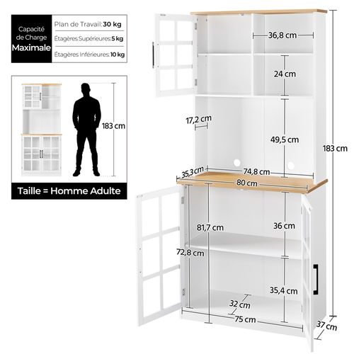 Buffet De Cuisine En Mdf Avec Portes En Verre Et Rangement Étagère Réglable, Blanc