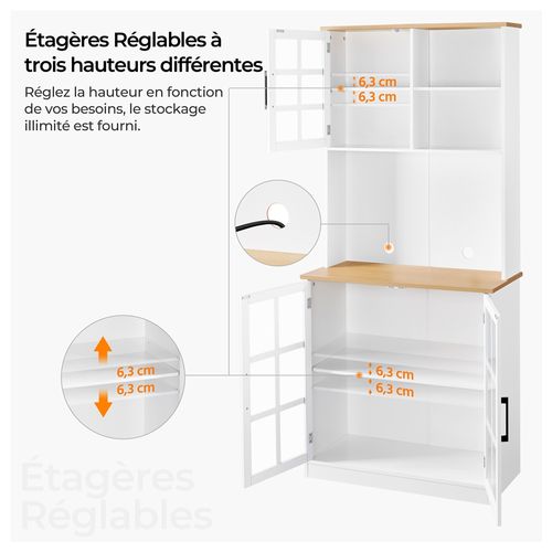 Buffet De Cuisine En Mdf Avec Portes En Verre Et Rangement Étagère Réglable, Blanc