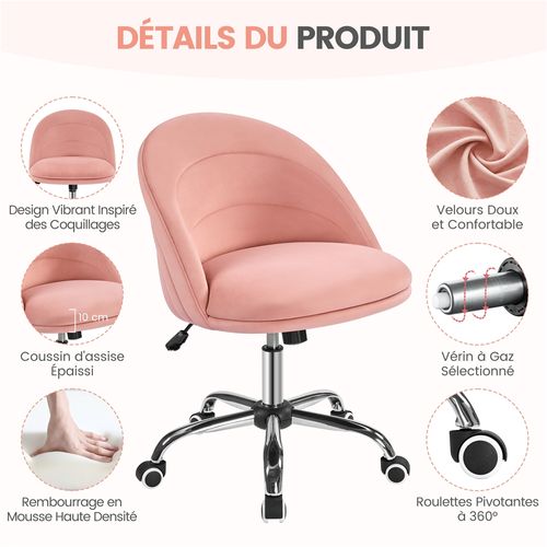 Chaise De Bureau En Velours Avec Dossier Inclinable Et Assise Réglable En Hauteur, Rose