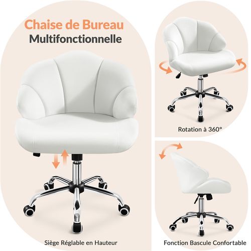Chaise De Bureau Design,fauteuil Coquillage En Velours Avec Dossier Inclinable Et Roulettes, Blanc