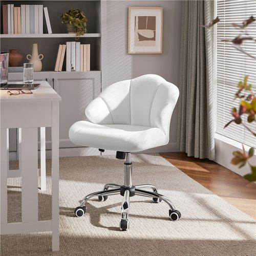 Chaise De Bureau Design,fauteuil Coquillage En Velours Avec Dossier Inclinable Et Roulettes, Blanc