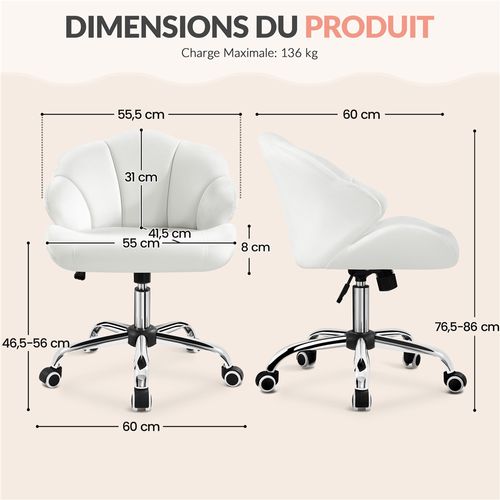 Chaise De Bureau Design,fauteuil Coquillage En Velours Avec Dossier Inclinable Et Roulettes, Blanc