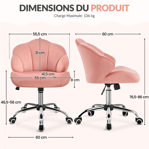 Chaise De Bureau Design Coquillage En Velours Avec Dossier Inclinable Et Roulettes, Rose