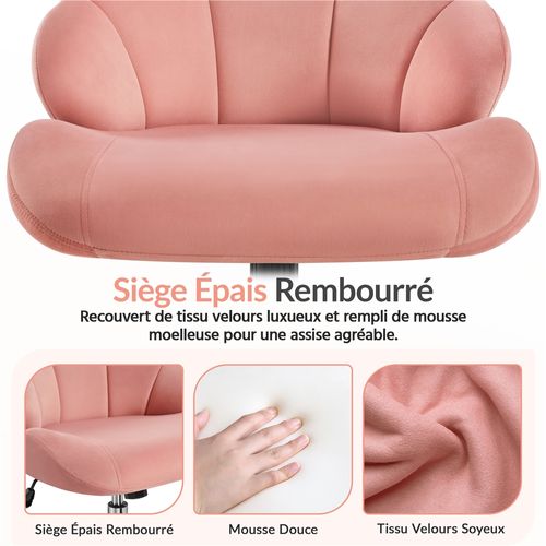 Chaise De Bureau Design Coquillage En Velours Avec Dossier Inclinable Et Roulettes, Rose
