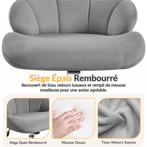 Chaise De Bureau Design Coquillage En Velours Avec Dossier Inclinable Et Roulettes, Gris Clair