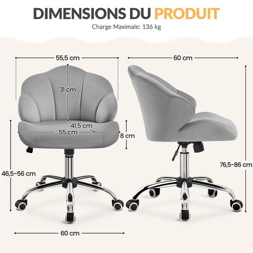 Chaise De Bureau Design Coquillage En Velours Avec Dossier Inclinable Et Roulettes, Gris Clair