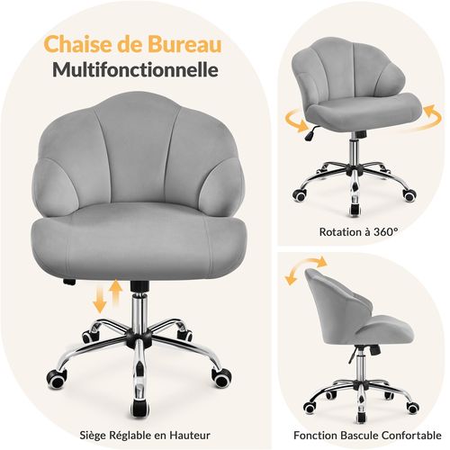Chaise De Bureau Design Coquillage En Velours Avec Dossier Inclinable Et Roulettes, Gris Clair