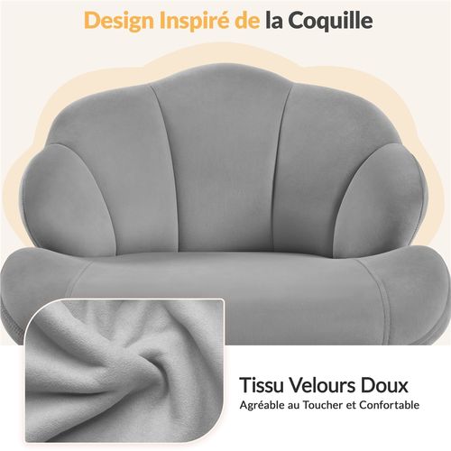 Chaise De Bureau Design Coquillage En Velours Avec Dossier Inclinable Et Roulettes, Gris Clair