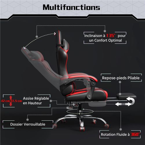 Chaise Gaming Réglable En Hauteur Avec Repose-pieds Télescopique Et Appui-tête, Noir/rouge