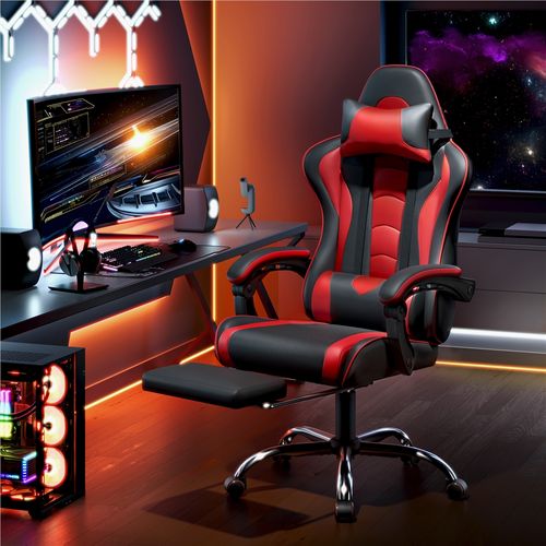 Chaise Gaming Réglable En Hauteur Avec Repose-pieds Télescopique Et Appui-tête, Noir/rouge