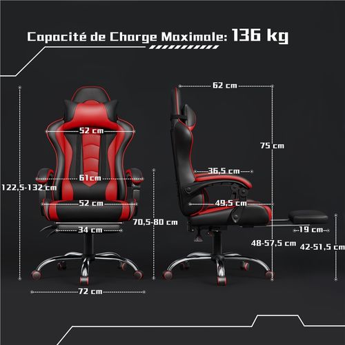 Chaise Gaming Réglable En Hauteur Avec Repose-pieds Télescopique Et Appui-tête, Noir/rouge