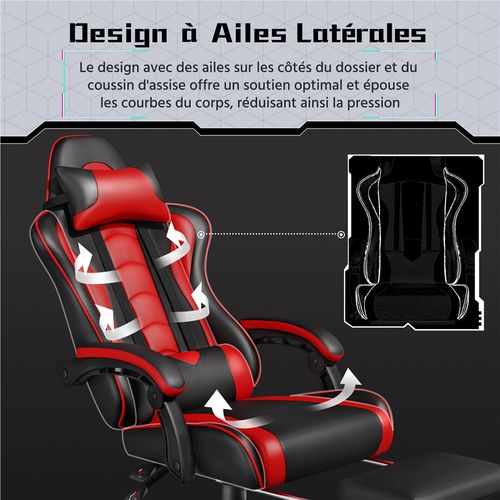 Chaise Gaming Réglable En Hauteur Avec Repose-pieds Télescopique Et Appui-tête, Noir/rouge